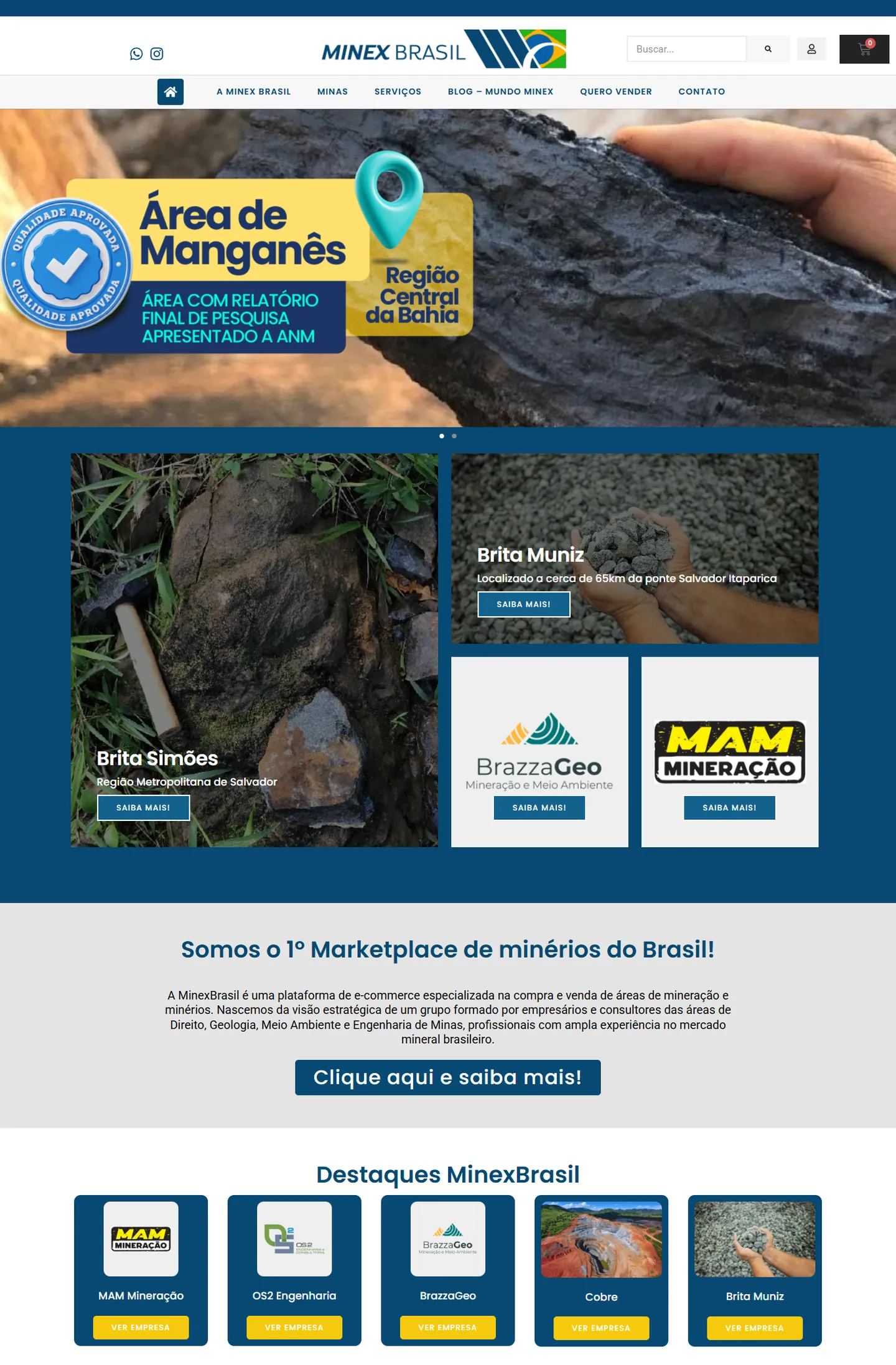 Página inicial do site da Minex Brasil