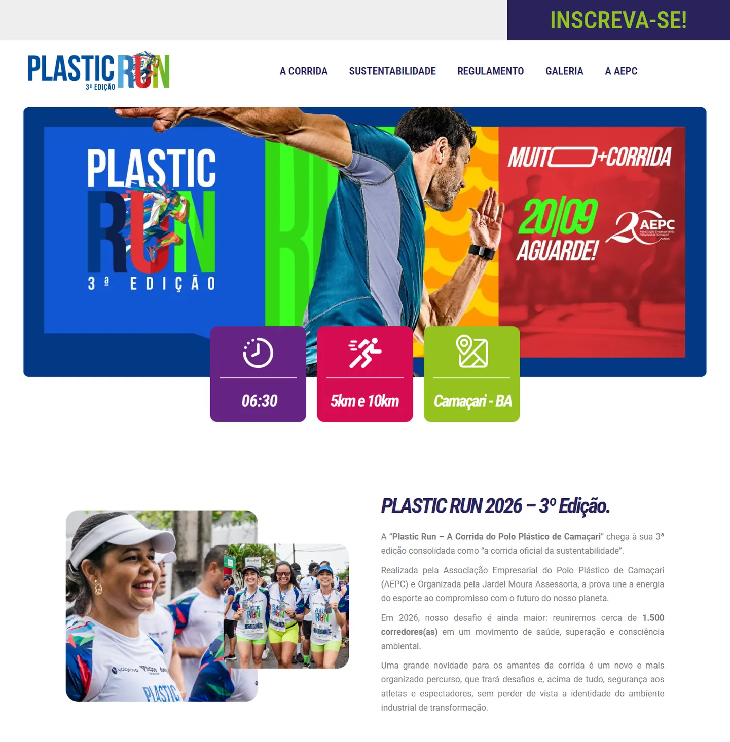 Página inicial do site do evento Plastic Run